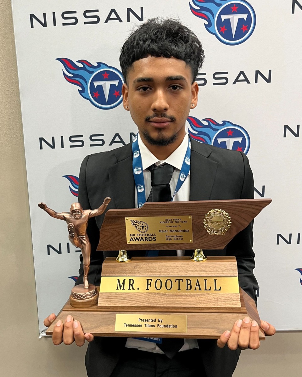 <strong>Oziel Hernandez, a Germantown High School senior kicker, is the winner of the Tennessee Titans Mr. Football award in the top individual award in the kicker category.</strong> (John Varlas/The Daily Memphian)