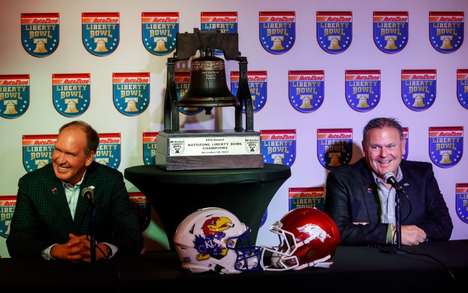 <strong>Kansas head football coach Lance Leipold and Arkansas head football coach Sam Pittman meet during a press conference on Thursday, December 8, 2022. Their two teams with face off at the AutoZone Liberty Bowl.</strong> (Mark Weber/The Daily Memphian)