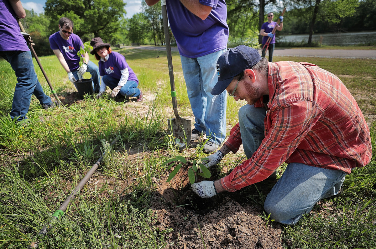 <strong>Ryan Hall with the Wolf River Conservancy (right) instructs FedEx volunteers on how to plant trees to help spruce up a new section of the Wolf River Greenway in Raleigh on April 24, 2019, in preparation for a grand opening Saturday.</strong> (Jim Weber/Daily Memphian)