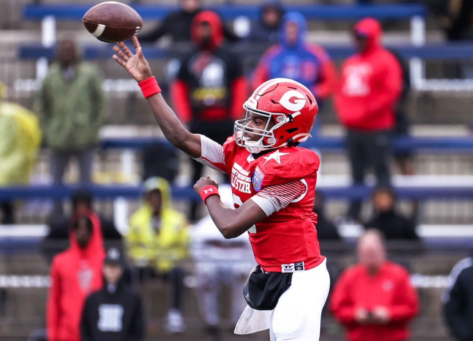 <strong>Red Team quarterback Isaiah Tate (8) throws the ball during the AutoZone Liberty Bowl high school all-star football game Saturday, Dec. 10 at Memphis University School&rsquo;s Stokes Stadium.</strong> (Patrick Lantrip/The Daily Memphian)