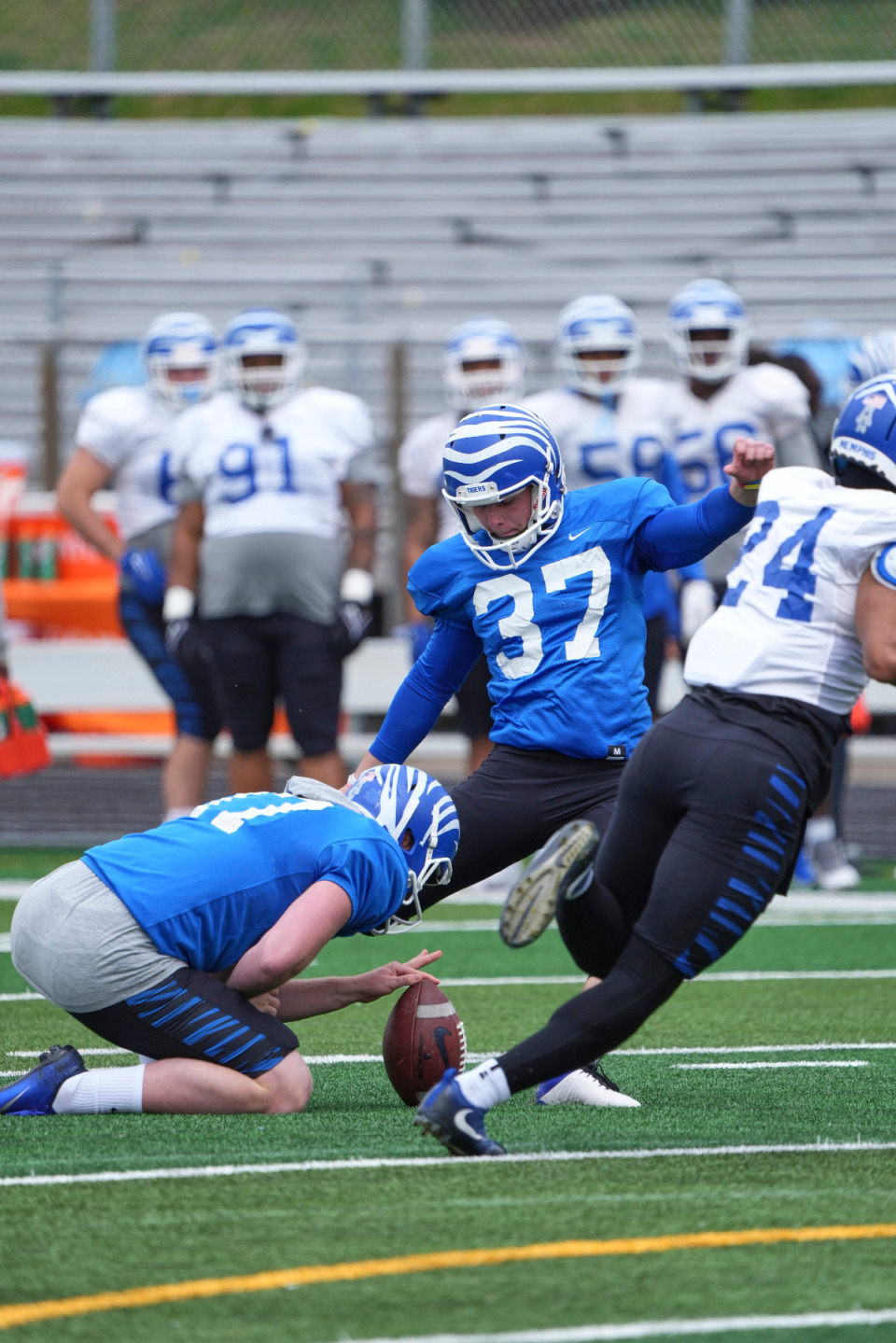 <strong>David Kemp kicks a point after during the Memphis Tigers spring scrimmage at Centennial High School on April 02, 2022, in Franklin, Tennessee. Kemp has entered the transfer portal.</strong> (Harrison McClary/Special to The Daily Memphian file)