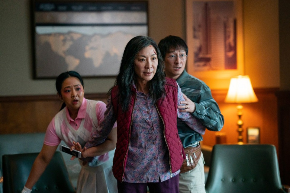 <strong>&rdquo;Everything Everywhere All At Once&rdquo; was named best movie of 2022 by the Southeastern Film Critics Association. This image released by A24 Films shows, from left, Stephanie Hsu, Michelle Yeoh and Ke Huy Quan in a scene from the movie.</strong>&nbsp;(Allyson Riggs/A24 Films via AP)