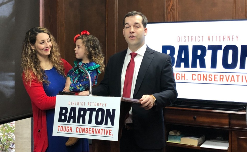 <strong>Matthew Barton announced his campaign for DeSoto County District Attorney. He is accompanied by his wife Megan and daughter Eleanor.</strong> (Beth Sullivan/The Daily Memphian)