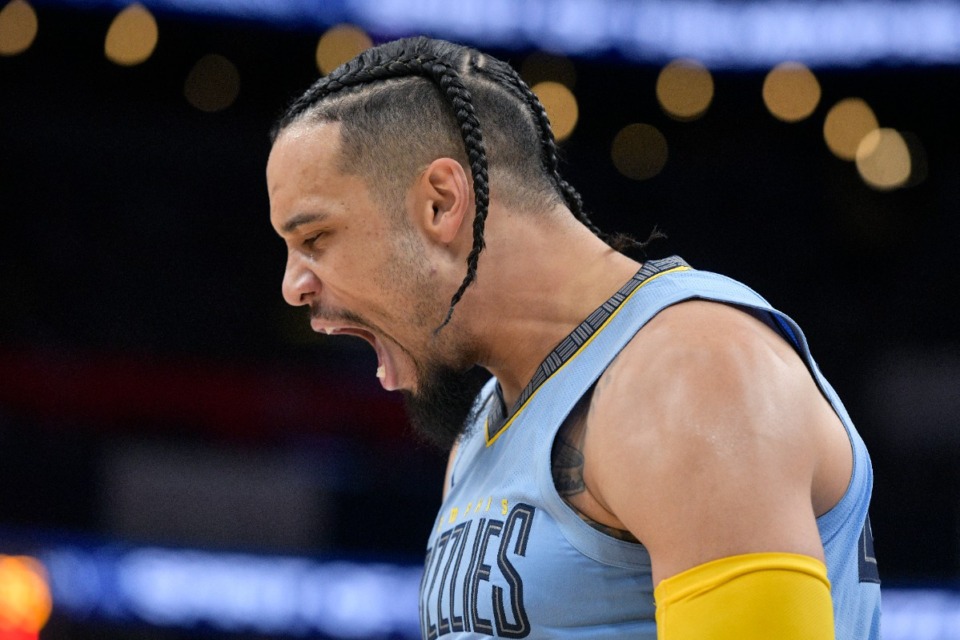 <strong>Memphis Grizzlies forward Dillon Brooks reacts in the first half of an NBA basketball game against the Milwaukee Bucks Thursday, Dec. 15, 2022, in Memphis, Tenn.</strong> (AP Photo/Brandon Dill)