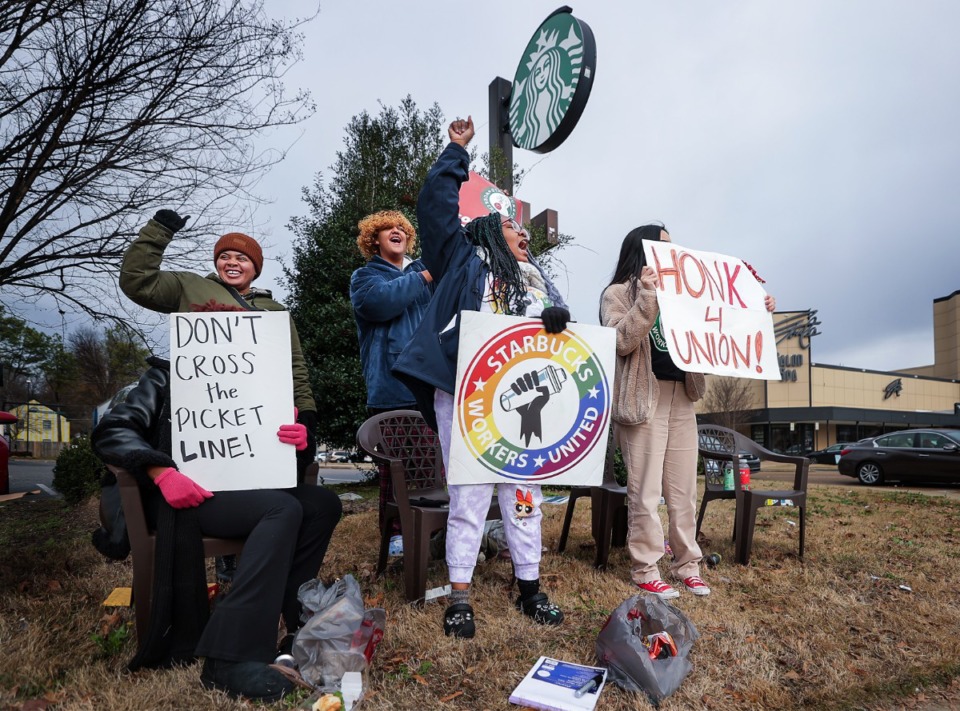 <strong>A group of employees lead by Nabretta Hardin (center) protest for union rights outside of the Poplar Avenue Starbucks on Friday, Nov. 16.</strong> (Patrick Lantrip/The Daily Memphian)