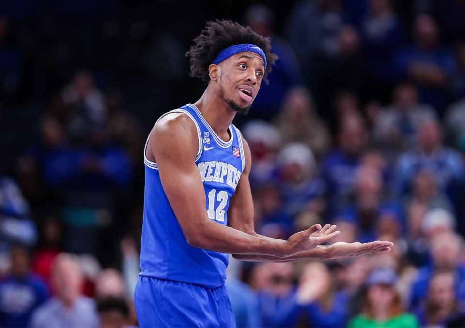 <strong>University of Memphis forward DeAndre Williams (12) reacts to being called for a technical foul during a Dec. 17, 2022 game against Texas A&amp;M University.</strong> (Patrick Lantrip/The Daily Memphian)