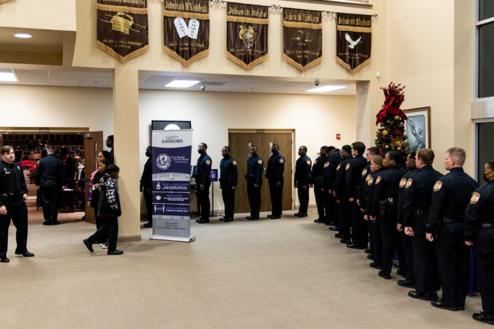 <strong>Graduates prepare to enter the sanctuary at First Baptist Broad Church at the start of the Memphis Police Department&rsquo;s commencement of its 137th recruit class.</strong> (Brad Vest/Special to The Daily Memphian)