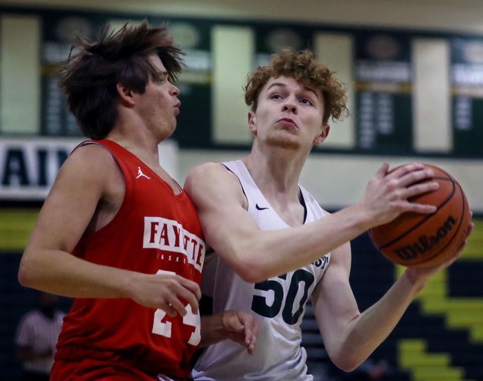 <strong>Briarcrest guard Cooper Haynes (50) goes up for a layup during a June 8, 2021 summer game against Fayette Academy.</strong> (Patrick Lantrip/The Daily Memphian file)