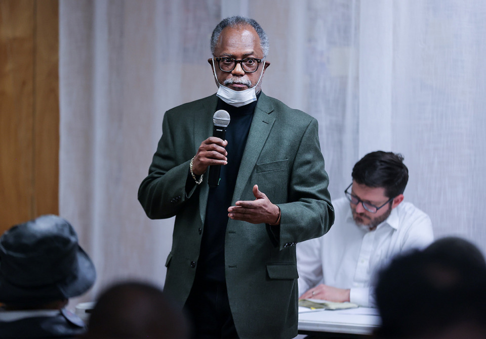 <strong>Developer Archie Willis III addresses concerns at a community meeting on the Klondike renovation TIF at Friendship Baptist Church on Dec. 15, 2022.</strong> (Patrick Lantrip/The Daily Memphian file)