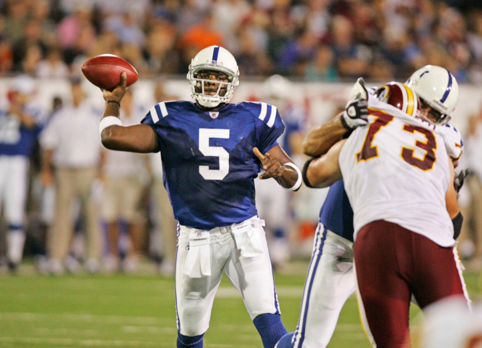 <strong>Indianapolis Colts quarterback Quinn Gray (5) passes against the Washington Redskins in the Hall of Fame football game Sunday, Aug. 3, 2008, in Canton, Ohio. The former NFL quarterback and current Memphis Tigers assistant accepted the head coaching job at Albany State on Monday, Dec. 19.</strong> (AP Photo/Mark Duncan)