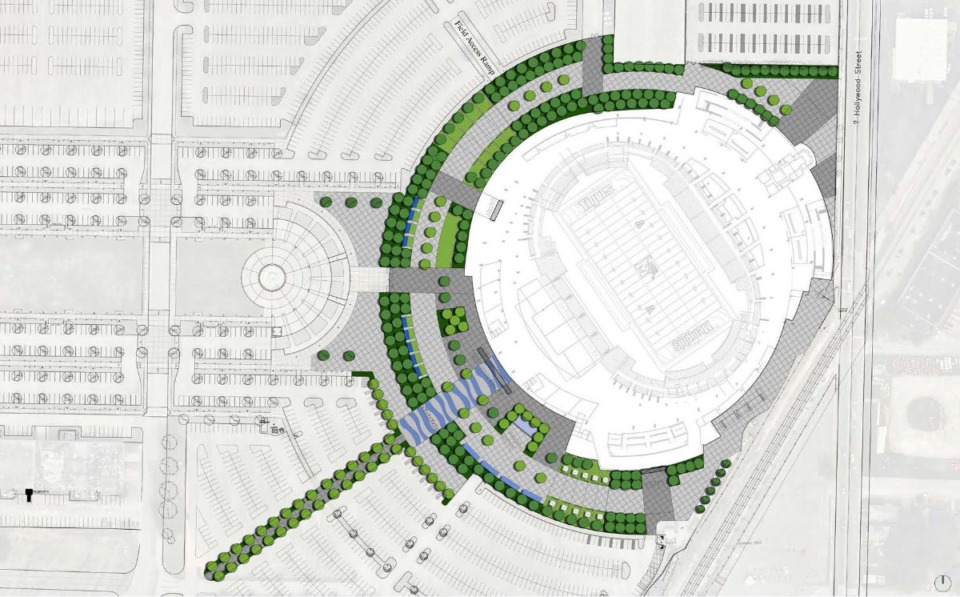 <strong>Proposed site improvements for Simmons Liberty Bowl Stadium: 89,370 square feet of green space within Halo. 32% reduction in paved surfaces from Halo current conditions. 265 new trees (193 trees in the Halo, 72 outside the Halo).</strong> (Courtesy City of Memphis)