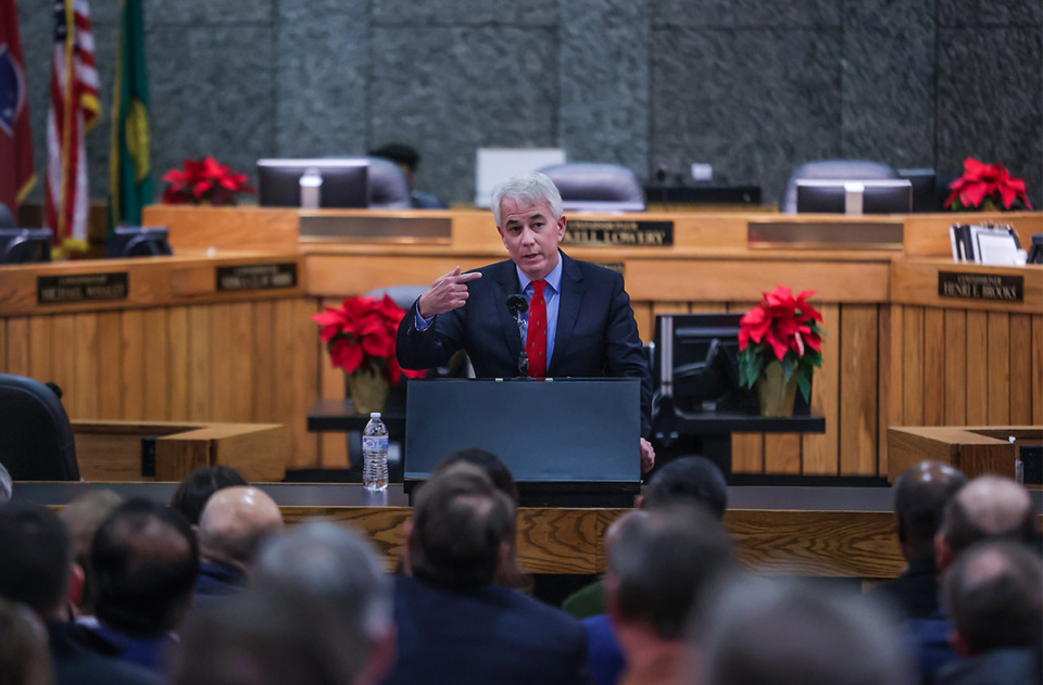 <strong>&ldquo;We know that a small percentage of repeat violent offenders are responsible for a large percentage of violent crimes,&rdquo; Shelby County District Attorney Steve Mulroy said in his 100 Day Address in the Shelby County Commission chambers Dec. 21, 2022.</strong> (Patrick Lantrip/The Daily Memphian)
