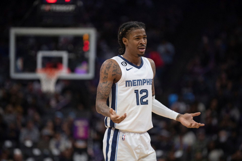 <strong>Memphis Grizzlies guard Ja Morant (12) reacts after a foul call in the first quarter of an NBA basketball game against the Sacramento Kings in Sacramento, Oct. 27, 2022. The Grizzlies return home Tuesday, Dec. 27, with some questions they need to answer.</strong> (AP File Photo/Jos&eacute; Luis Villegas)