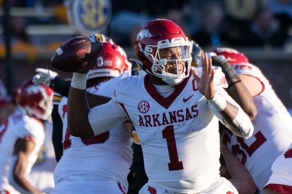 <strong>Arkansas quarterback KJ Jefferson throws a pass during the second quarter of an NCAA college football game against Missouri Friday, Nov. 25, 2022, in Columbia, Missouri.</strong> (AP Photo/L.G. Patterson)