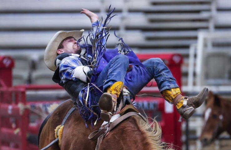 <strong>The bronc-riding competition goes sideways for a rider at the 2022 AutoZone Liberty Bowl Professional Rodeo on Dec. 26, 2022.</strong> (Patrick Lantrip/The Daily Memphian)