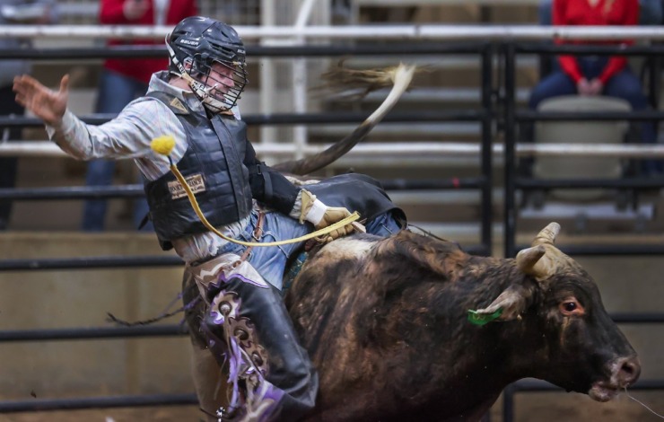 <strong>The bull-riding competition gets real at the 2022 AutoZone Liberty Bowl Professional Rodeo on Dec. 26, 2022.</strong> (Patrick Lantrip/The Daily Memphian)