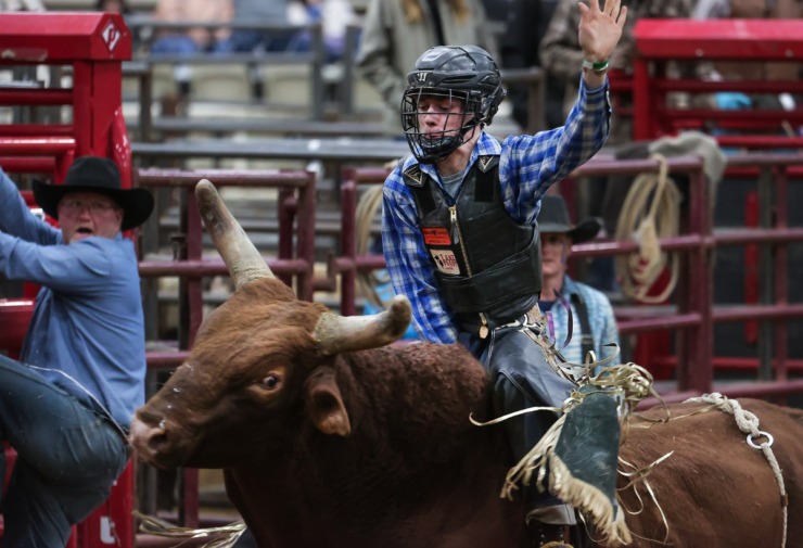 <strong>A rider gets started in the bull-riding competition at the 2022 AutoZone Liberty Bowl Professional Rodeo on Dec. 26, 2022.</strong> (Patrick Lantrip/The Daily Memphian)