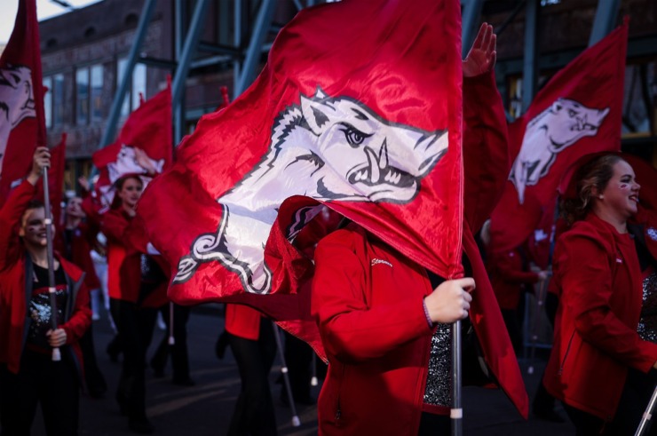 <strong>The University of Arkansas band marches down Beale Street during the 2022 AutoZone Liberty Bowl Parade on Dec. 27, 2022.</strong> (Patrick Lantrip/The Daily Memphian)