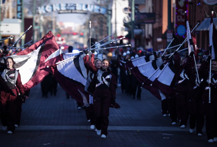 <strong>High School marching bands make their way down Beale Street during the 2022 AutoZone Liberty Bowl Parade on Dec. 27, 2022.</strong> (Patrick Lantrip/The Daily Memphian)