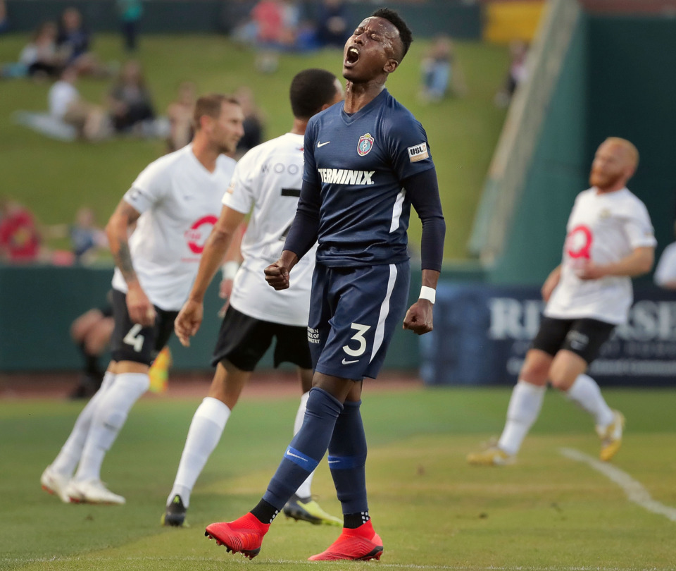 <strong>Abdi Mohamed reacts to a missed shot in the first half of 901 FC's game against the Charleston Battery on April 27, 2019, at AutoZone Park.</strong> (Jim Weber/Daily Memphian)