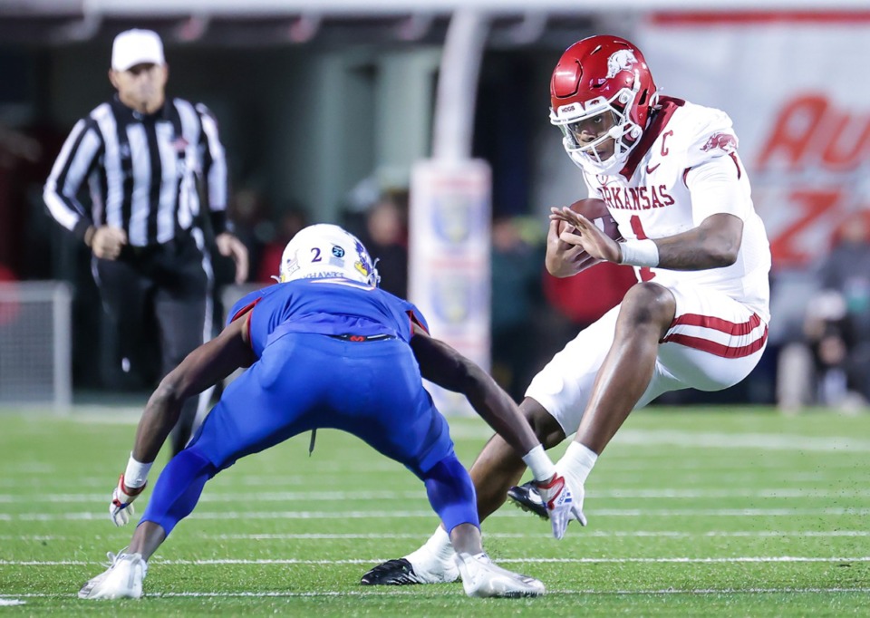 <strong>Arkansas quarterback KJ Jefferson (1) threw for two touchdowns and ran for two on Wednesday, Dec. 28. 2022, at Simmons Bank Liberty Stadium.</strong> (Patrick Lantrip/The Daily Memphian)