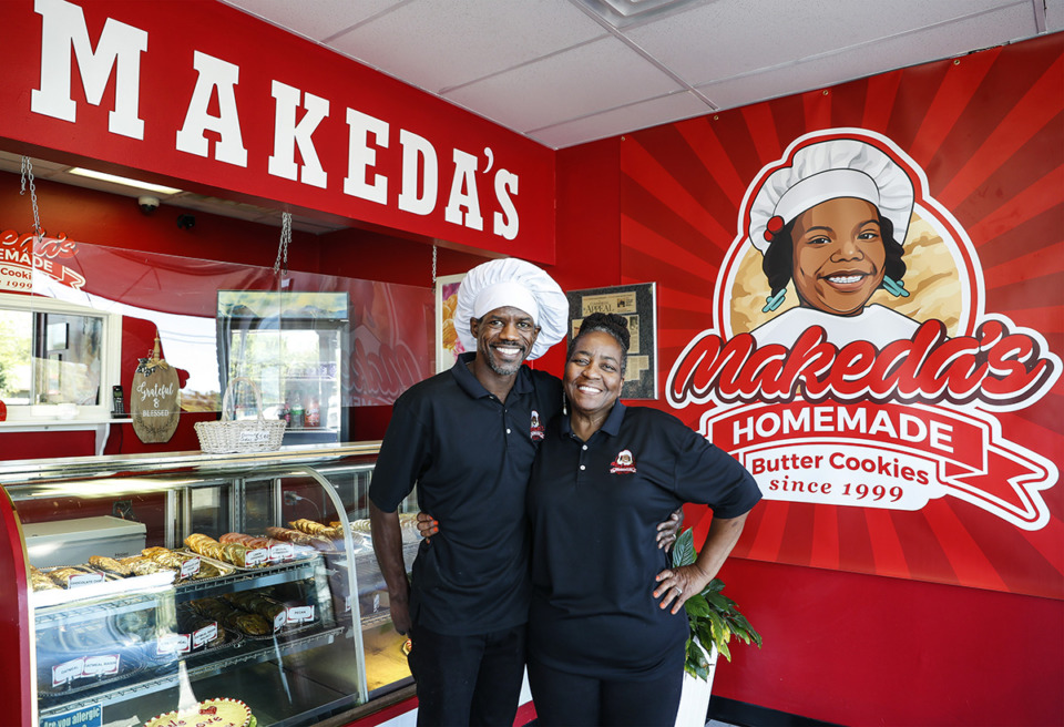 <strong>Maurice and Pamela Hill, owners of Makeda's Homemade Cookies, decided to reopen on Airways Boulevard after closing when Memphis rapper Young Dolph was shot and killed at the store in 2021.</strong> (Mark Weber/The Daily Memphian)