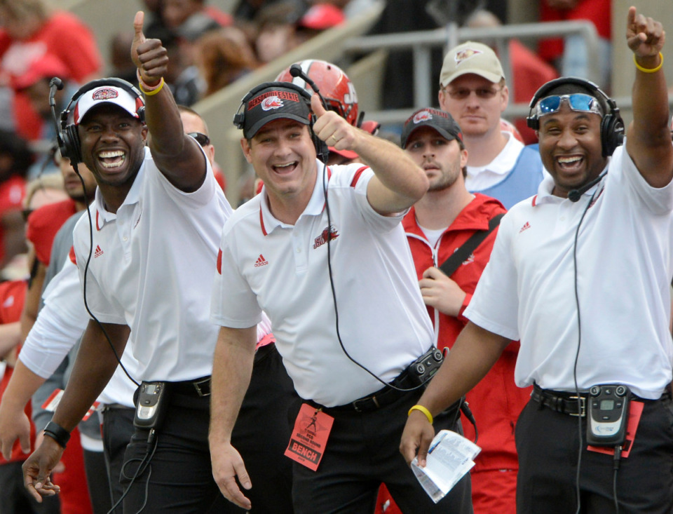 <strong>Former Jacksonville State assistant coach Larry Smith, left, has been hired by Coach Ryan Silverfield to be the new wide receiver coach for Memphis.</strong> (AP File Photo/AL.com, Mark Almond)