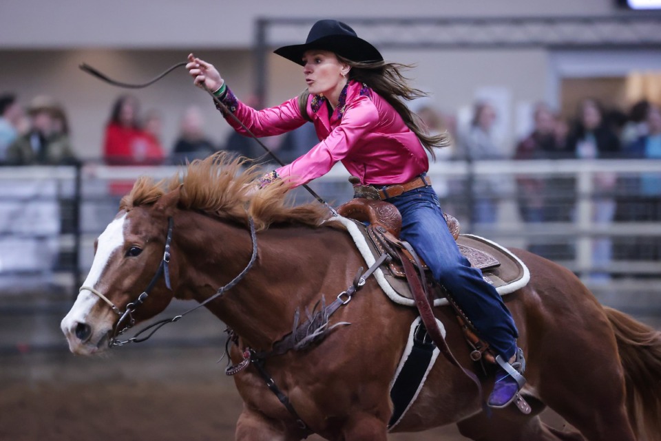 <strong>Riders compete in the barrel racing competition at the 2022 AutoZone Liberty Bowl Professional Rodeo Dec. 26, 2022.</strong> (Patrick Lantrip/The Daily Memphian)