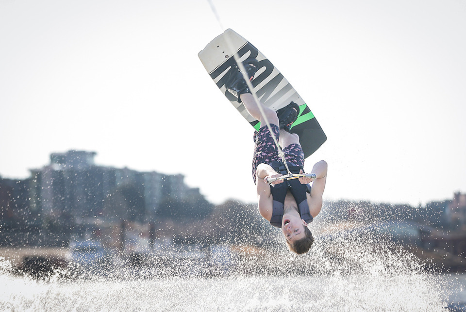 <strong>Corey Piskorski does a flip while wake boarding at the 46th annunal Ski Freeze at the Mud Island River Park in Downtown Memphis Jan. 1, 2023.</strong> (Patrick Lantrip/The Daily Memphian)