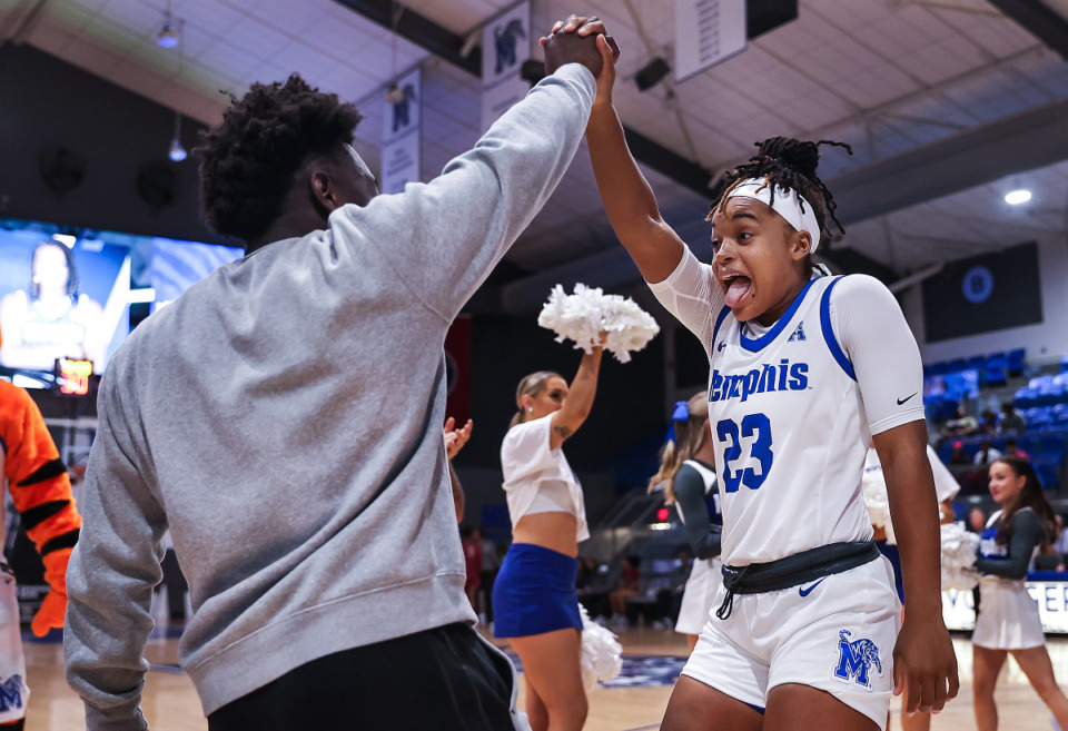 <strong>University of Memphis guard Jamirah Shutes (23) dances while being introduced before a Dec. 9, 2022 game against North Carolina Central.</strong> <strong>Memphis will host East Carolina Tuesday at Elma Roane Fieldhouse</strong>. <strong>It will be the first conference home game this season.</strong> (Patrick Lantrip/The Daily Memphian file)