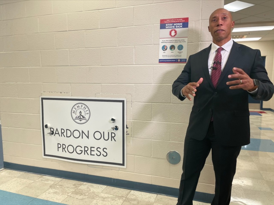 <strong>Julius Muse, the new chief of business operations for MSCS, talks to reporters about district storm damage.&nbsp;Muse shows where a broken valve cap caused a flood at Brewster Elementary. The flood went on for about an hour before it was discovered and leaked into nearby classrooms.</strong> (Aarron Fleming/The Daily Memphian)