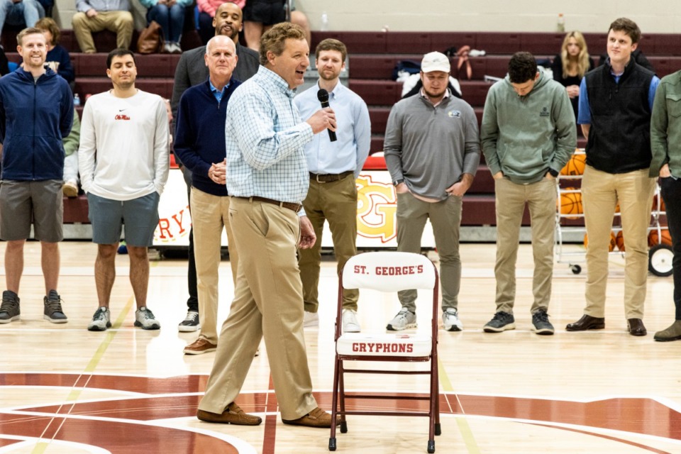 <strong>Former St. George's basketball coach Jeff Ruffin speaks during a ceremony. Ruffin is the winningest coach in school history and had the court at the school re-named in his honor on Jan. 3, 2023.</strong> (Brad Vest/Special to The Daily Memphian)