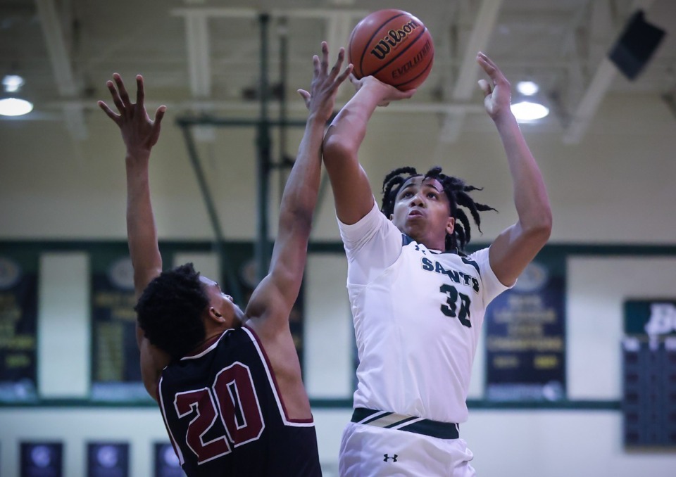 <strong>Briarcrest center Fred Smith (30) shoots on Jan. 6, 2023, in the game against East High.</strong> (Patrick Lantrip/The Daily Memphian)