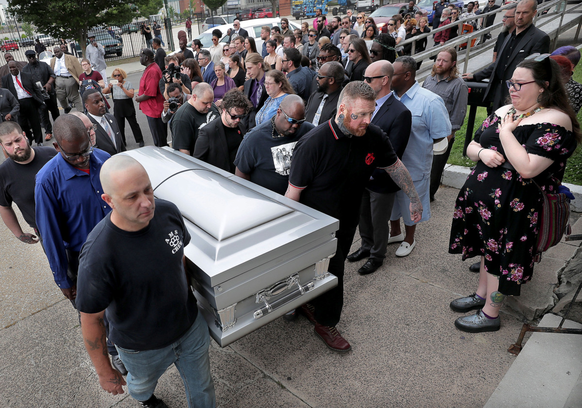 <strong>Members of Skinheads Against Racial Prejudice (SHARP) act as pallbearers for the Memphis musician Omar Higgins as mourners gather at Clayborn Temple on Tuesday, April 30, 2019, to honor the late leader of the reggae band Chinese Connection Dub Embassy.&nbsp;</strong>&nbsp;(Jim Weber/Daily Memphian)