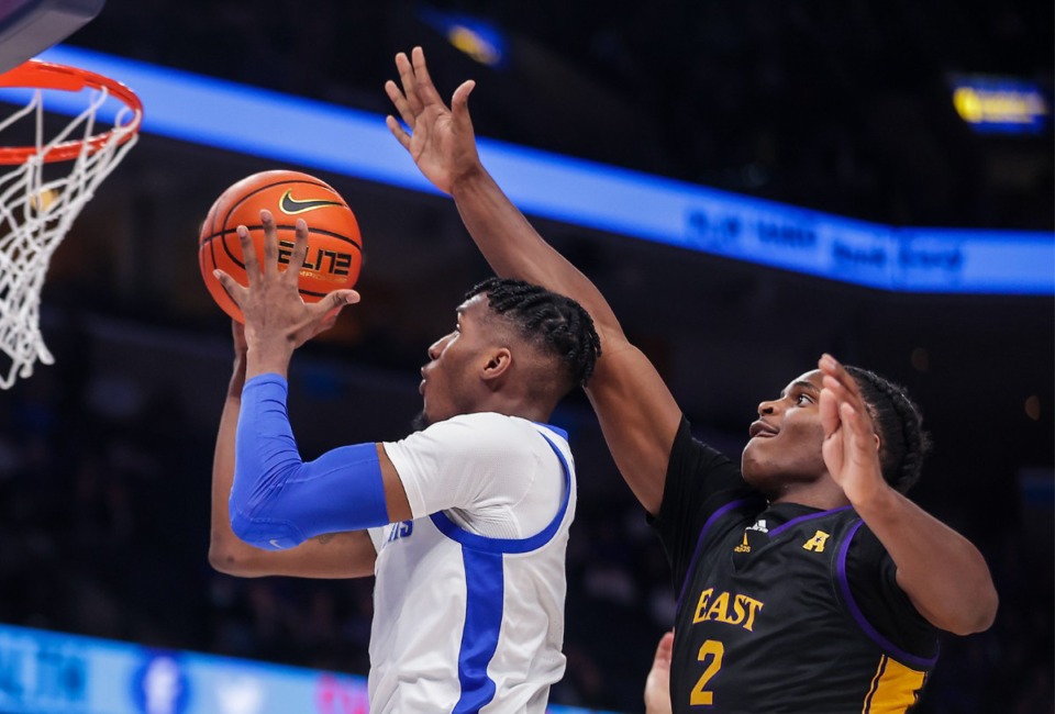 <strong>Memphis guard Keonte Kennedy (1) goes up for a lay up during a Jan. 7, 2023 game against ECU.</strong> (Patrick Lantrip/The Daily Memphian)