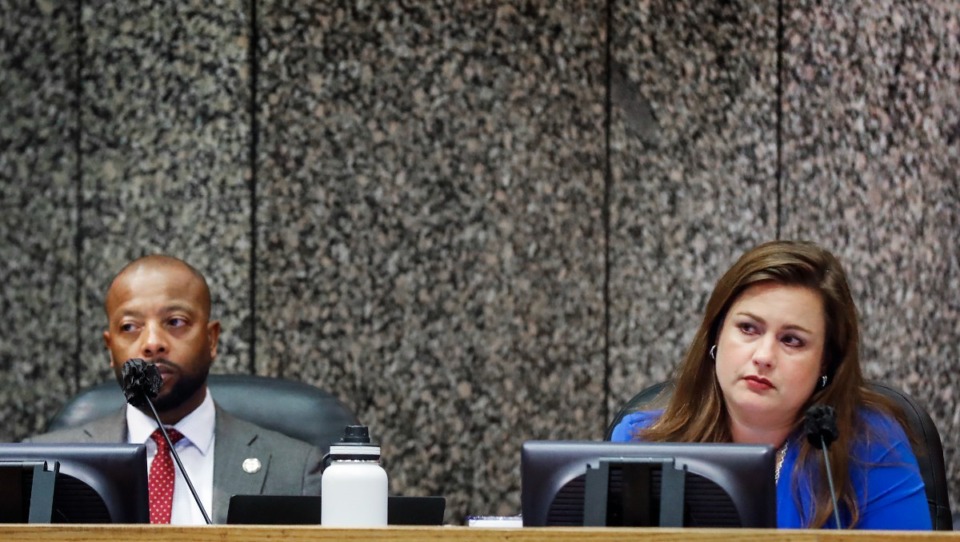 <strong>Shelby County commissioners Mickell Lowery (left) and Amber Mills, who are both still members of the body, listen during committee meetings in August 2022.</strong> (Mark Weber/The Daily Memphian file)