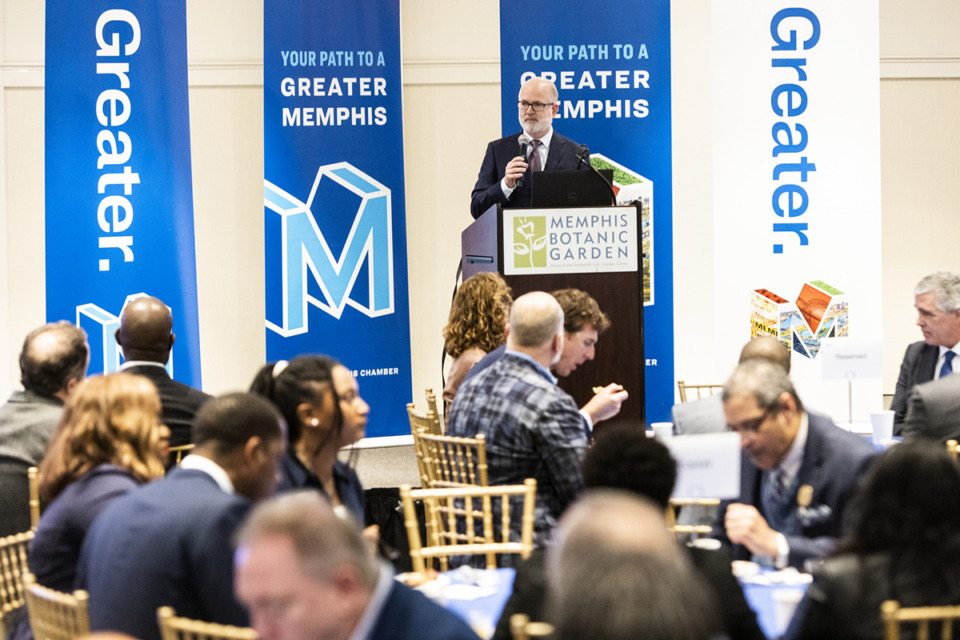 <strong>Ted Townsend President &amp; CEO of the Greater Memphis Chamber speaks during Wednesday&rsquo;s Greater Memphis Chamber&rsquo;s State of the Economy event at the Memphis Botanic Gardens.</strong> (Brad Vest/Special to The Daily Memphian)