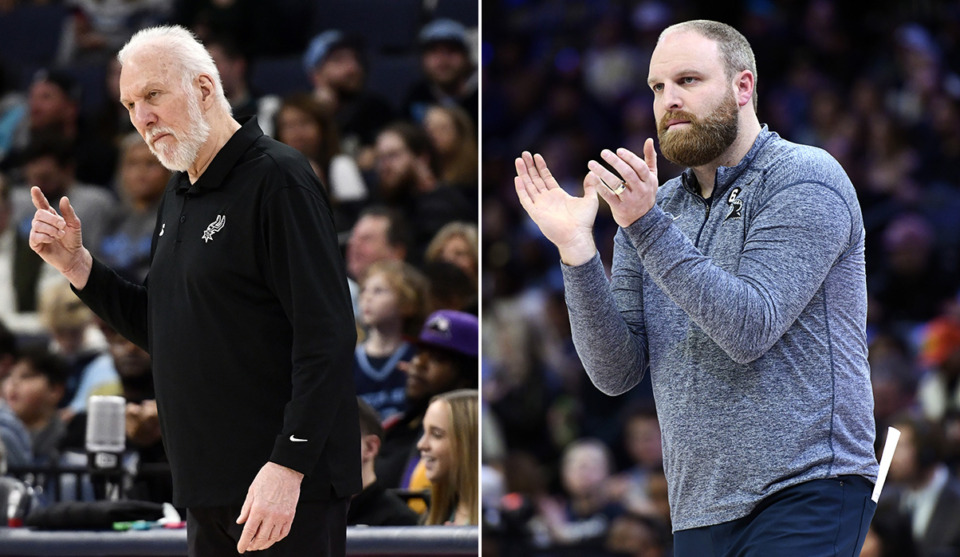 <strong>Gregg&nbsp;Popovich&rsquo;s (left) memories of Taylor Jenkins mostly include his former intern&rsquo;s time as the Austin Spurs G-League coach. But his initial impression was that Jenkins was quiet, and that was a positive sign.&nbsp;</strong>(AP Photo/Brandon Dill)