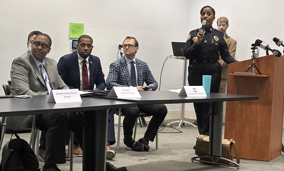 <strong>Memphis Police Chief C.J. Davis (second from right) was a panelist for a reckless driving in Memphis forum that took place at the Benjamin L. Hooks Central Library on Jan. 11. Seated at the table is Randall Tatum (left), J.B. Smiley and Ford Canale.</strong> (Alicia Davidson/The Daily Memphian)