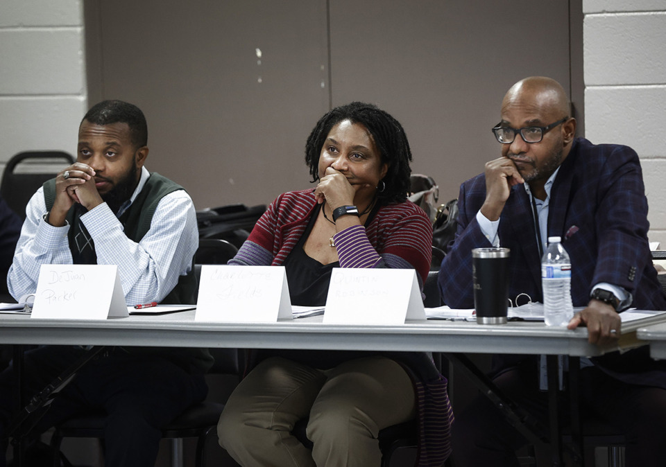 <strong>Participants (left to right) DeJuan Parker, Charlotte Fields and Quintin Robinson take part in a collaborative conferencing session with Memphis-Shelby County Schools and one of its unions on Thursday, Jan. 11, 2023.&nbsp;MSCS and area teacher unions</strong>&nbsp;<strong>agreed to clarify that staff&rsquo;s parent-child relationships can include biological children as well as foster children, legal guardianships, adopted children and stepchildren.</strong> (Mark Weber/The Daily Memphian)