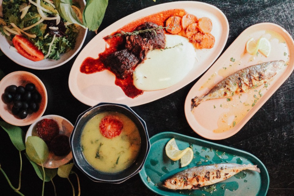 <strong>Portuguese dishes at the Panta Goes to Portugal pop-up include (from left): caldo verde (kale and potato soup with chorizo a la plancha), ensopado de carne (beef stew) and sardinhas assadas (grilled sardines with olive oil and lemon).</strong> (Courtesy Panta)