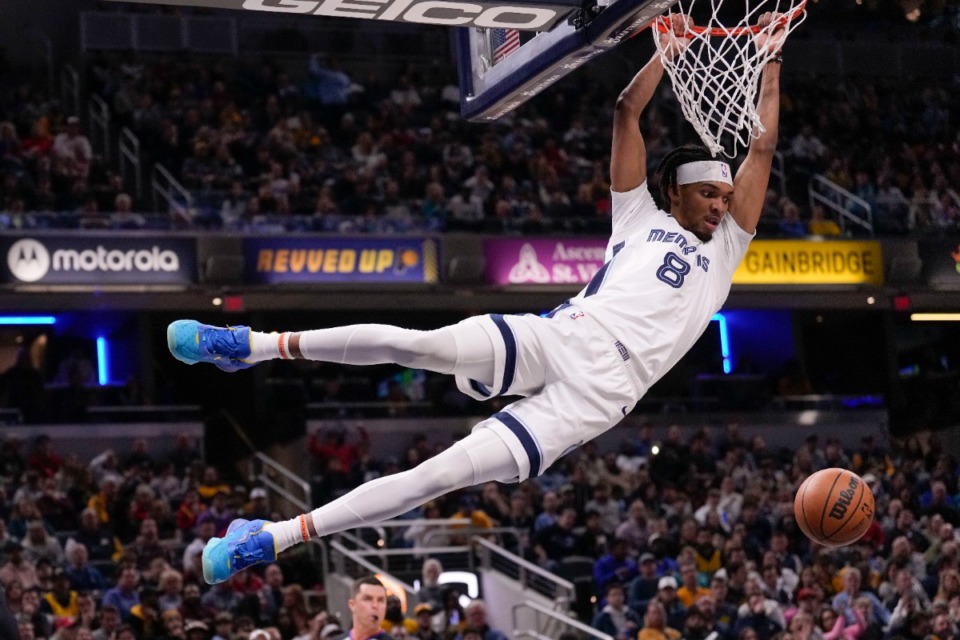 <strong>Memphis Grizzlies forward Ziaire Williams (8) hangs from the rim after dunking during the first half of an NBA basketball game against the Indiana Pacers in Indianapolis, Saturday, Jan. 14, 2023.</strong>&nbsp;(AJ Mast/AP)