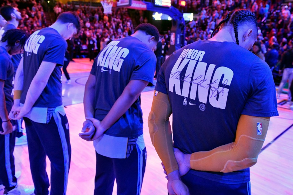 <strong>Memphis Grizzlies forward Dillon Brooks, far right, and teammates wear shirts reading &ldquo;Honor King&rdquo; before an NBA basketball game against the Phoenix Suns, Monday, Jan. 16, 2023, in Memphis.</strong> (AP Photo/Brandon Dill)