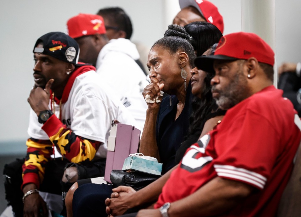 <strong>LaRay Honeycutt (middle) along with family members attend a memorial service for her grandson Tyre Nichols on Tuesday, Jan. 17, 2023. </strong>(Mark Weber/The Daily Memphian)