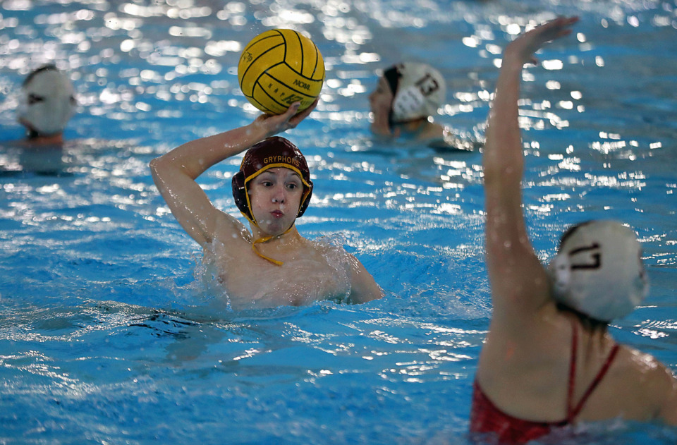<strong>St. George&rsquo;s Independent School freshman Mark Addison busts out of the water on his way to scoring a goal during a Monday, April 29, water polo scrimmage.&nbsp;Beginning Friday, May 3, five Memphis teams &ndash; St. George&rsquo;s, Arlington, Collierville, CBHS and St. Benedict &ndash; will be in Huntsville, Alabama, to compete in the Tennessee Interscholastic Water Polo state tournament.</strong> (Patrick Lantrip/Daily Memphian)