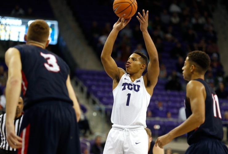<strong>TCU guard Desmond Bane (1) shoots a free throw against Belmont during the second half of an NCAA college basketball game Wednesday, Nov. 29, 2017, in Fort Worth, Texas.</strong> (Ron Jenkins/AP file)