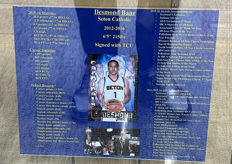 <strong>A plaque inside the Seton Catholic trophy case recognizes Desmond Bane&rsquo;s accomplishments and records.</strong> (Drew Hill/The Daily Memphian)