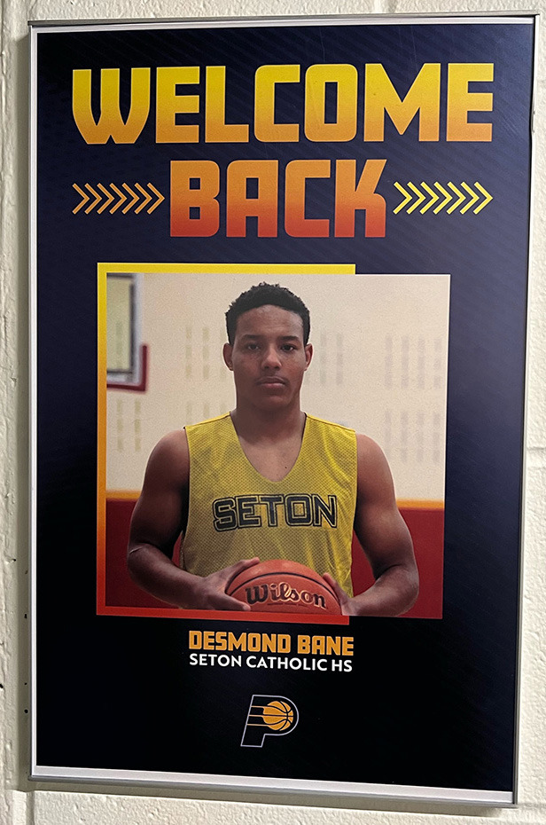 <strong>The Indiana Pacers placed a &ldquo;welcome back&rdquo; sign for Desmond Bane outside of visiting locker room for the Grizzlies/Pacers game.</strong> (Drew Hill/The Daily Memphian)