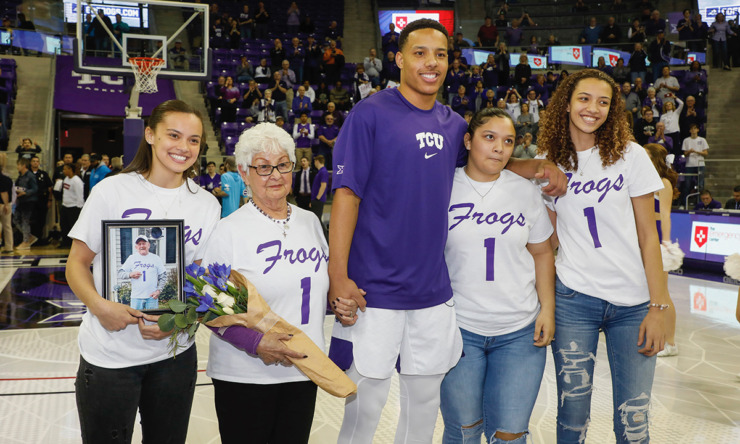 <strong>TCU vs Oklahoma Men's Basketball in Fort Worth, Texas, on March 7, 2020. Desmond Bane poses for photo with his great-grandmother, Fabbie Bane, and family on TCU senior night.</strong> (Sharon Ellman/TCU Athletics)