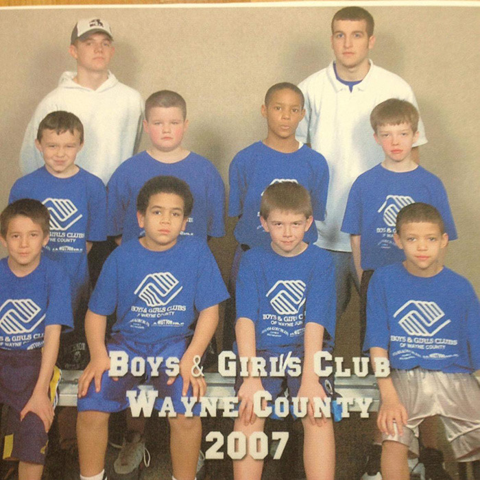 <strong>Josh Jurgens (top left), who would later be Desmond Bane&rsquo;shigh school coach, coached third grader Desmond Bane (second row, second from right) for Boys &amp; Girls Club of Wayne County.</strong> (Courtesy Josh Jurgens)